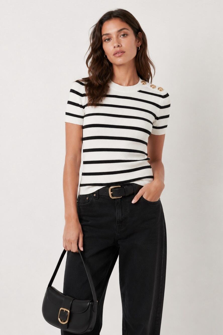 L'AGENCE Black and White Striped Short Sleeve Knit Tee